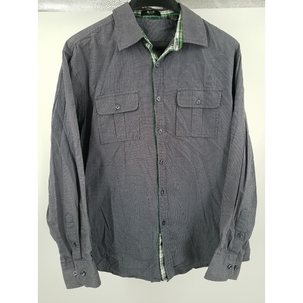 A2Z New York Mens Large Button Up Shirt Long Sleeve Plaid Grey Green Cotton